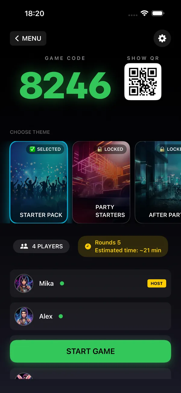 The lobby with room code, QR code, themes and connected players