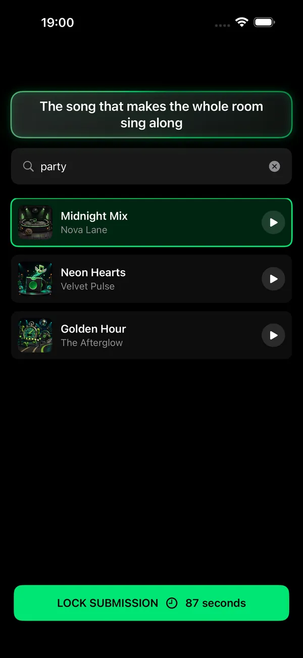 The prompt at the top, song search and picked songs